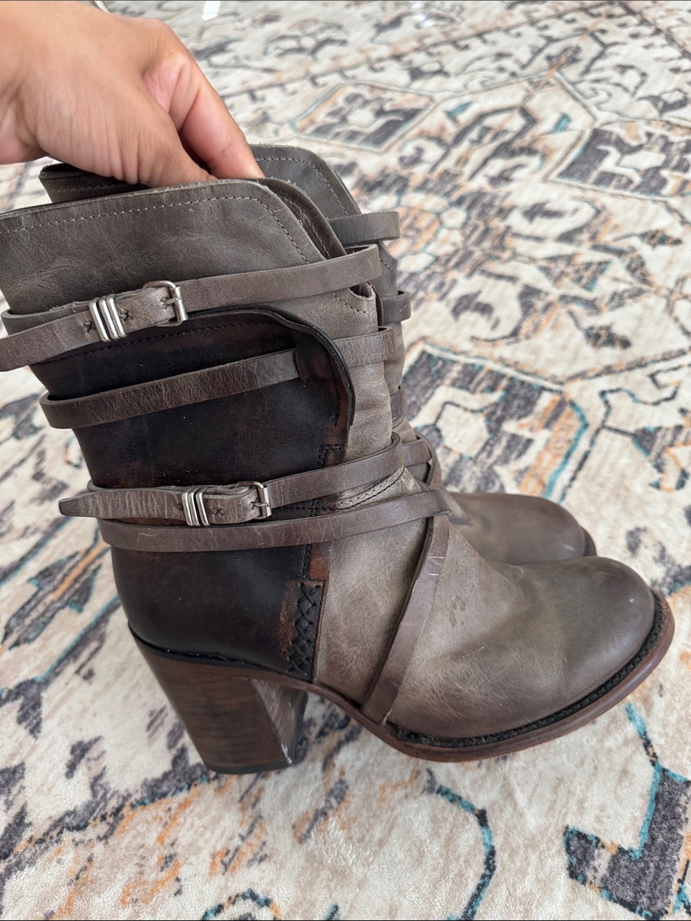 Women’s Taupe Brown Strappy Leather Ankle Boots